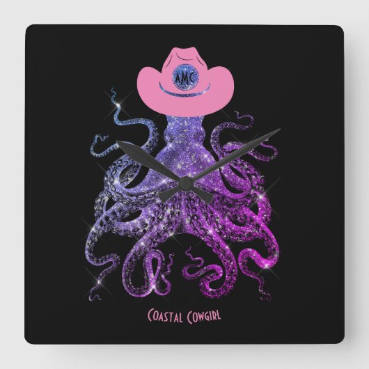 沿岸女性のカーボーイシルバーピンクモノグラムウォールクロック スクエア壁時計 (正面)