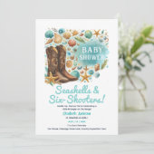⭐沿岸女性のカーボーイシーシェルズベビーシャワーティール(緑がかった色) 招待状 (スタンド正面)