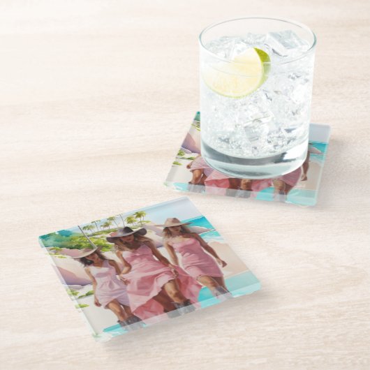 沿岸女性のカーボーイトリオカラフルインピンクドレス ガラスコースター (アングル)
