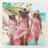 沿岸女性のカーボーイトリオカラフルインピンクドレス ガラスコースター (正面)