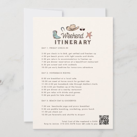 沿岸女性のカーボーイバチェロレッテ週末 招待状 (裏面)