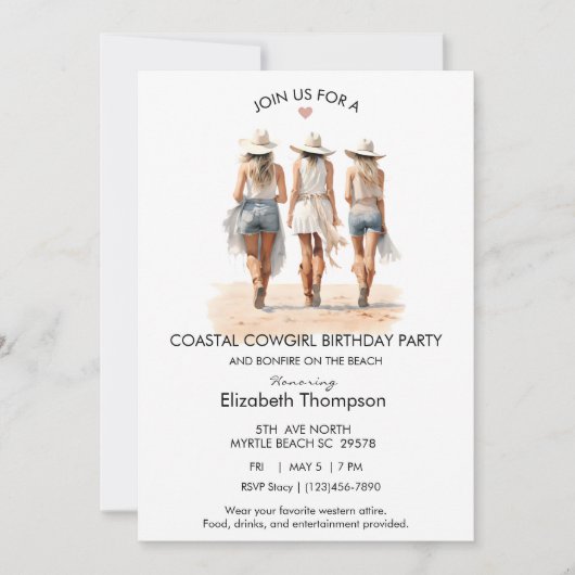 沿岸女性のカーボーイビーチ誕生日 招待状 (正面)