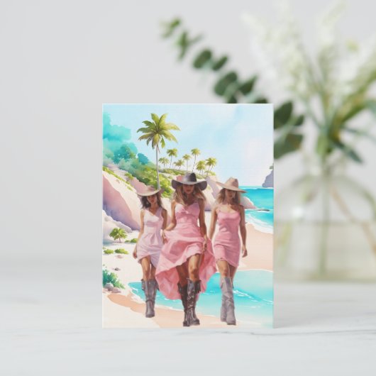 沿岸女性のカーボーイピンクトリオオントロピカルアイランド ポストカード (スタンド正面)