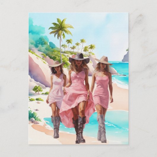 沿岸女性のカーボーイピンクトリオオントロピカルアイランド ポストカード (正面)