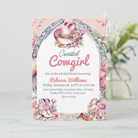 沿岸女性のカーボーイピンクハットウェスタンブライダルシャワー 招待状 (スタンド正面)