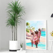 沿岸女性のカーボーイピンク鮮やかトリオトロピカルアイランド ポスター