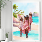 沿岸女性のカーボーイピンク鮮やかトリオトロピカルアイランド ポスター