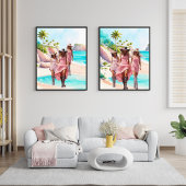 沿岸女性のカーボーイピンク鮮やかトリオトロピカルアイランド ポスター