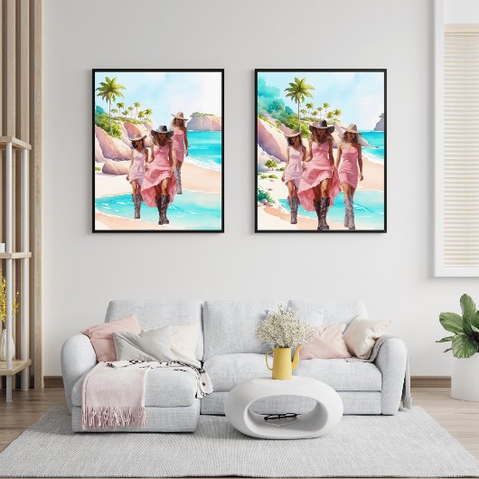 沿岸女性のカーボーイピンク鮮やかトリオトロピカルアイランド ポスター