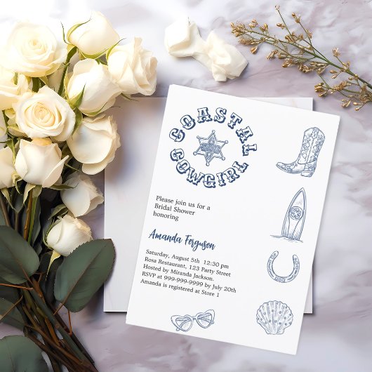 沿岸女性のカーボーイブルービーチブライダルシャワー 招待状