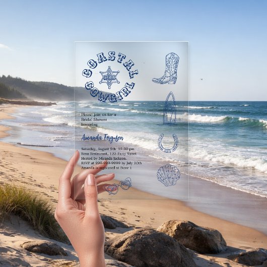 沿岸女性のカーボーイブルービーチ澄んブライダルシャワー アクリル招待状