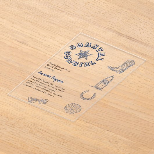 沿岸女性のカーボーイブルービーチ澄んブライダルシャワー アクリル招待状 (レイダウン)