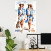 沿岸女性のカーボーイブルー&ホワイトウォーター色 ポスター (ホームオフィス)