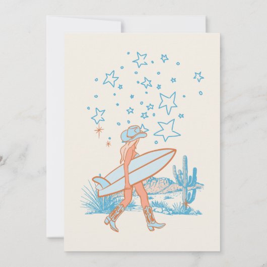 沿岸女性のカーボーイ誕生日ウェスタンビーチパーティーブルー 招待状 (裏面)