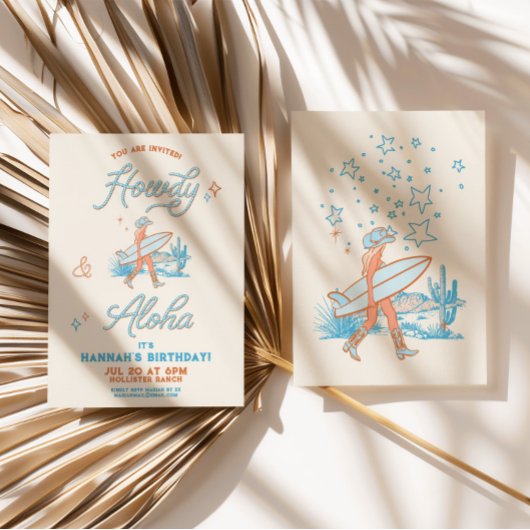 沿岸女性のカーボーイ誕生日ウェスタンビーチパーティーブルー 招待状