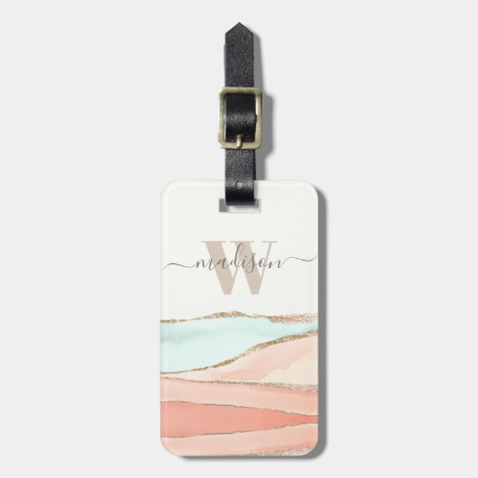 沿岸抽象芸術の水色（名前とモノグラム） ラゲッジタグ (正面縦)