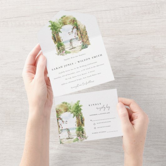 沿岸植物性アーチサンドビーチシースケープズ結婚ス オールインワン招待状 (貼ってはがせる)