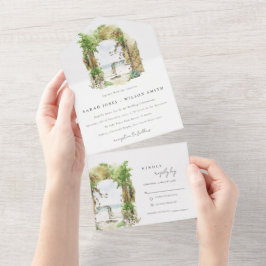 沿岸植物性アーチサンドビーチシースケープズ結婚ス オールインワン招待状