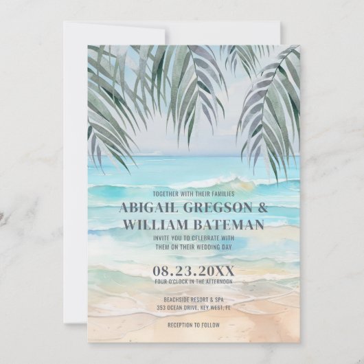 沿岸水彩熱帯夏ビーチ結婚式 招待状 (正面)