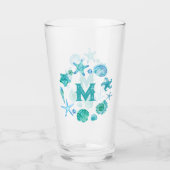 沿岸水彩貝類とヒトデのモノグラム タンブラーグラス (正面)