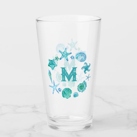 沿岸水彩貝類とヒトデのモノグラム タンブラーグラス (正面)