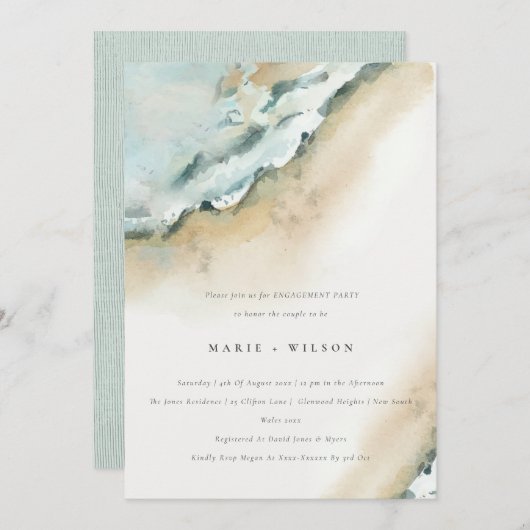 沿岸海波砂ビーチ航海の婚約 招待状 (正面/裏面)