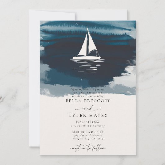 沿岸海軍海ビーチセイルボートエレガントな結婚式 招待状 (正面)