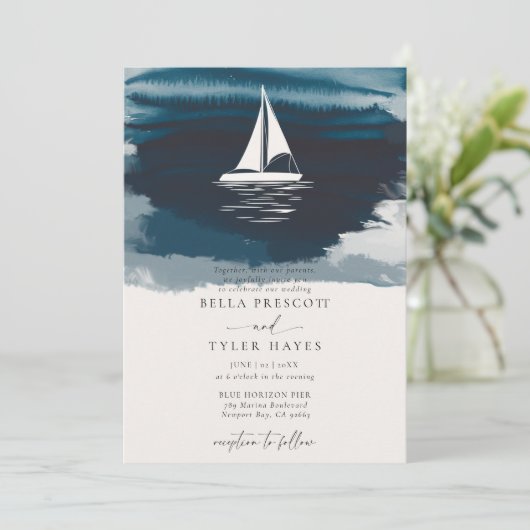 沿岸海軍海ビーチセイルボートエレガントな結婚式 招待状 (スタンド正面)