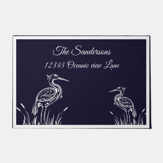 沿岸白パーソナライズされた鷺の鳥ネイビーブルー ドアマット (正面)