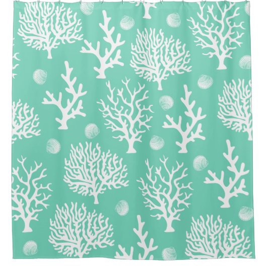 沿岸白海の珊瑚及び海ガラスの緑 シャワーカーテン (正面)