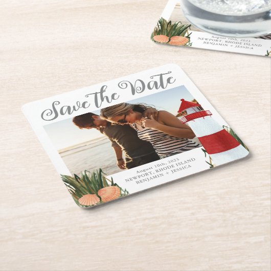 沿岸目的地の結婚式の写真の保存日付 スクエアペーパーコースター (アングル)
