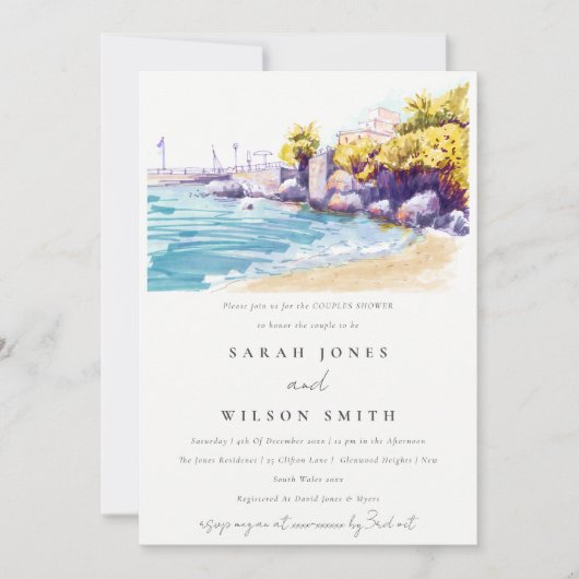 沿岸砂ビーチロッキーシースケープカップルシャワー 招待状 (正面)