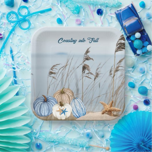 沿岸秋ブルーとホワイトカボチャとヒトデ ペーパープレート (パーティー)