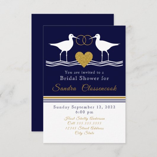 沿岸航海のブライダルシャワーネイビーブルーサンドパイパー 招待状 (正面/裏面)