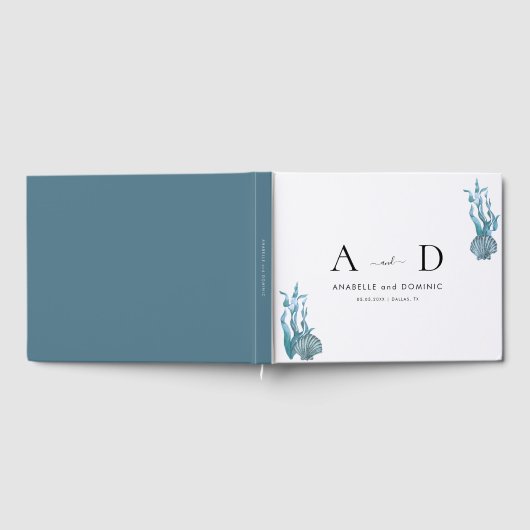 沿岸航海のブルーシーシェル結婚モノグラム ゲストブック (全面)