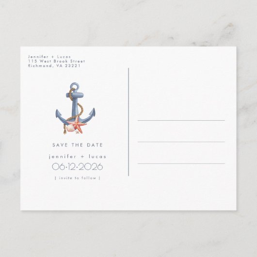 沿岸航海の写真ビーチ結婚式日付の保存 案内ポストカード (裏面)