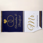 沿岸航海の夫婦結婚のネイビー・ブルー・金ゴールド ビーチタオル (正面)