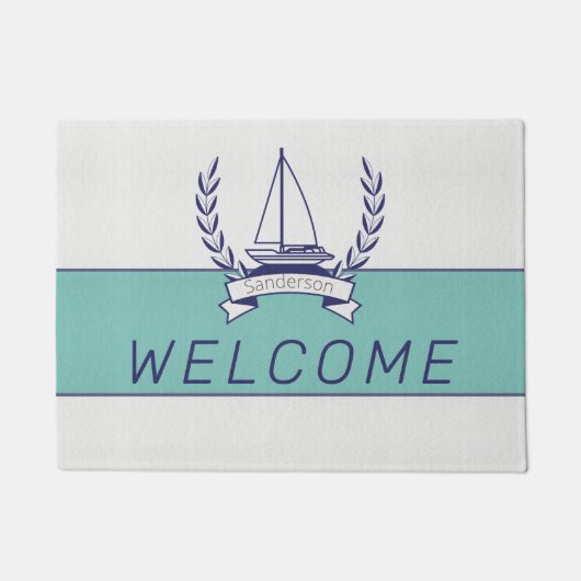 沿岸航海の帆船ティール（緑がかった色）ブルーネイビーサマー ドアマット (正面)