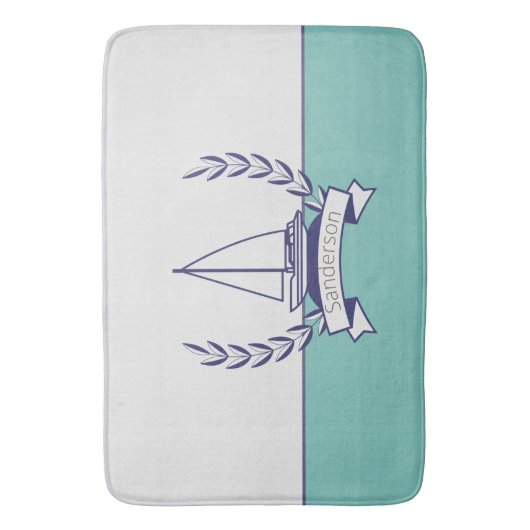 沿岸航海の帆船ティール(緑がかった色)ブルーネイビーサマー バスマット (正面縦)