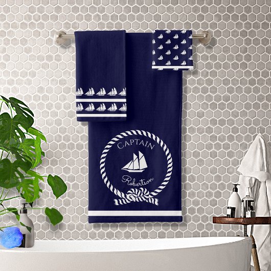 沿岸航海の艦長名Sailboat Navy Blue バスタオルセット