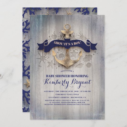 沿岸航海の金ゴールドいかりベビーシャワー 招待状 (正面/裏面)