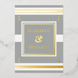 沿岸金ゴールドホワイトストライプグ航海のレイ結婚ズ 箔招待状