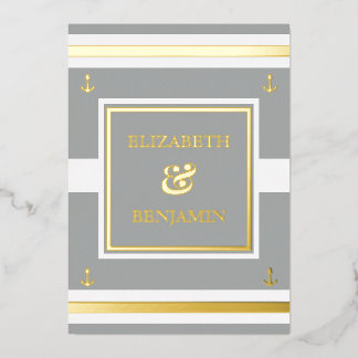 沿岸金ゴールドホワイトストライプグ航海のレイ結婚ズ 箔招待状