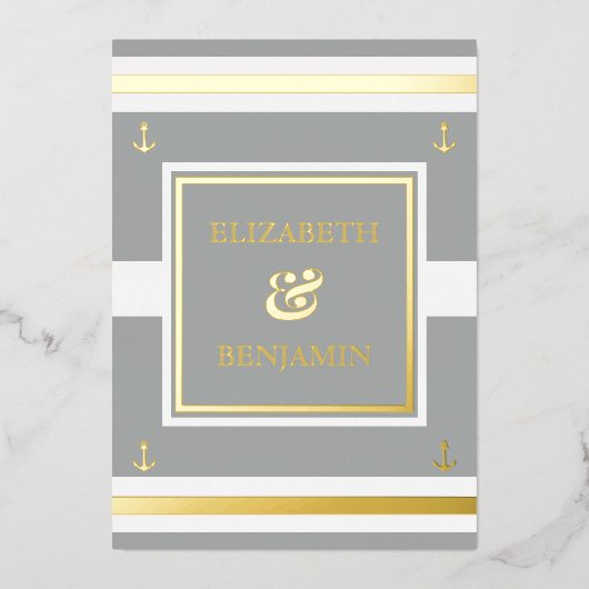沿岸金ゴールドホワイトストライプグ航海のレイ結婚ズ 箔招待状 (正面)