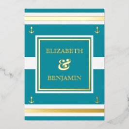 沿岸金ゴールドホワイトストライプティール（緑がかった色）航海の結婚ズ 箔招待状