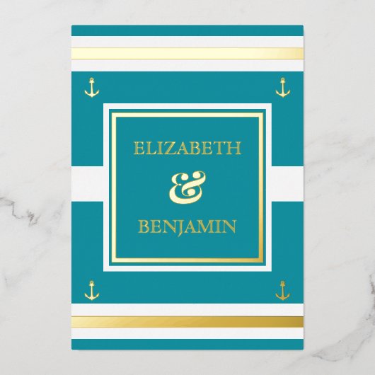 沿岸金ゴールドホワイトストライプティール(緑がかった色)航海の結婚ズ 箔招待状 (正面)