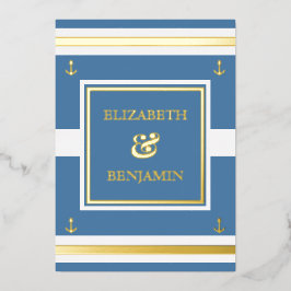 沿岸金ゴールド白ストライプ青航海の結婚 箔招待状