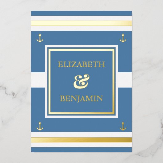 沿岸金ゴールド白ストライプ青航海の結婚 箔招待状 (正面)