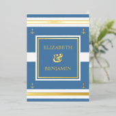 沿岸金ゴールド白ストライプ青航海の結婚 箔招待状 (立ち正面)