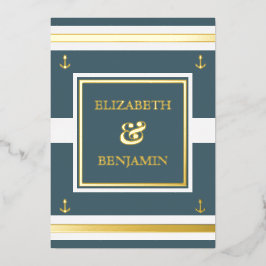 沿岸金ゴールド白ストライプ青航海の結婚 箔招待状